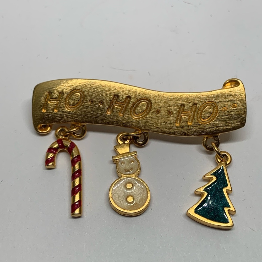 VTG Oops A Daisy Christmas Gold Tone Bar Pin Brooch With Charms